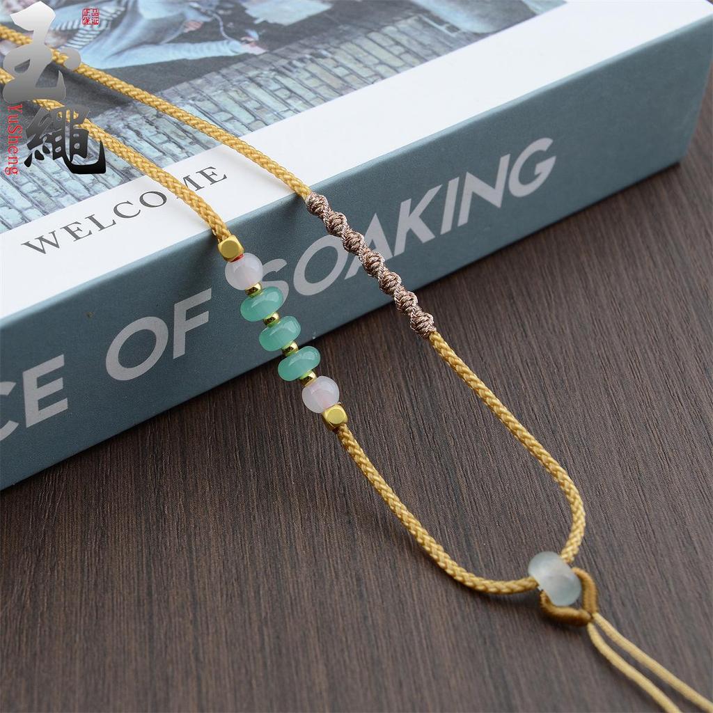 Handwoven Adjustable Jade Pendant Lanyard Necklace - Thin Gold Rope Style