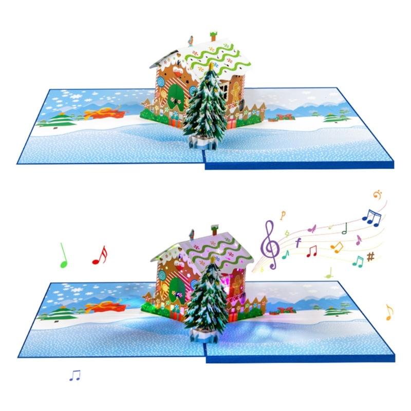 LED Işıklı Müzikli Noel Kartı Katlanabilir 3D Açılır Tebrik Kartı Zarfıyla El Yapımı Davetiye Kartpostalı
