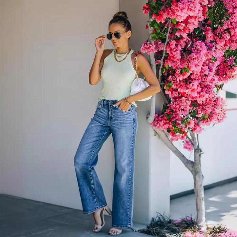 Light-colored Simple Jeans Women's Washed High-waisted Wide-leg Trousers