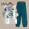 Spring And Summer Printed Outfit 2 Pcs/Set Women T-shirt Pants Set Homewear Floral Print Round Loose Style Sleepwear Neck Half Sleeve Top Wide