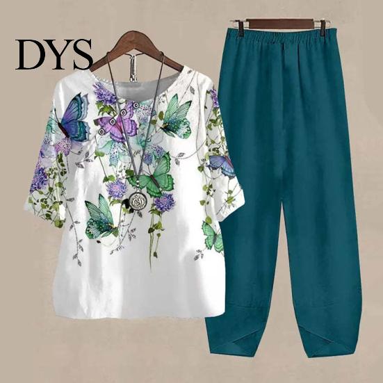 Spring And Summer Printed Outfit 2 Pcs/Set Women T-shirt Pants Set Homewear Floral Print Round Loose Style Sleepwear Neck Half Sleeve Top Wide