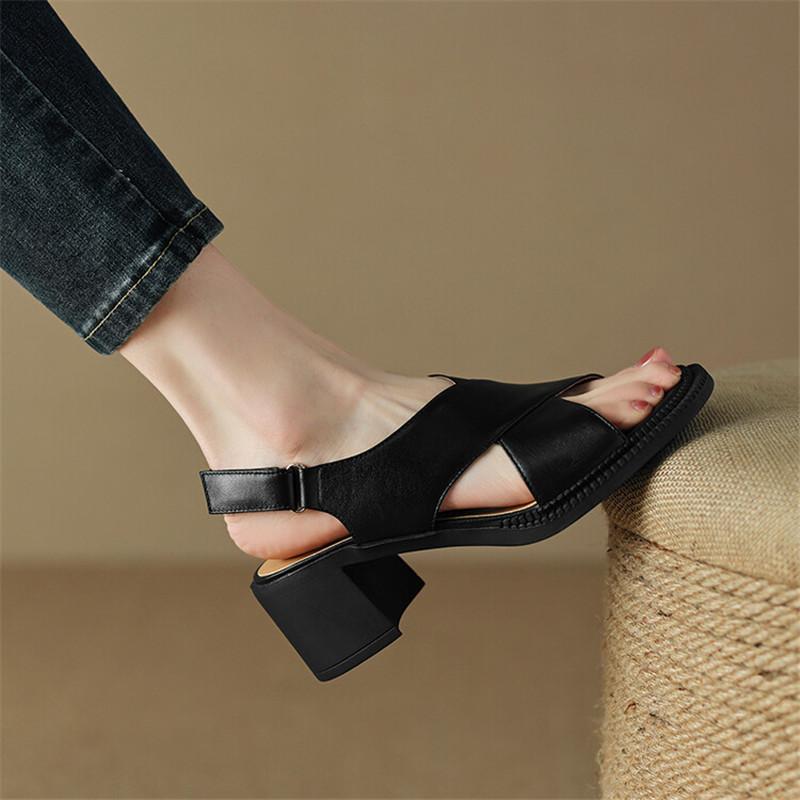 Fashion New Genuine Leather Summer Sandals 2025 Round Toe Chunky Heel Women Sandals Concise High Heels Handmade Shoes for Women