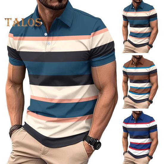 Men Striped Lapel Tee Casual Short Sleeve Golf Tee Shirt Business Collared T-Shirt Top for Sports Golf Travel Office Parties Daily Wear