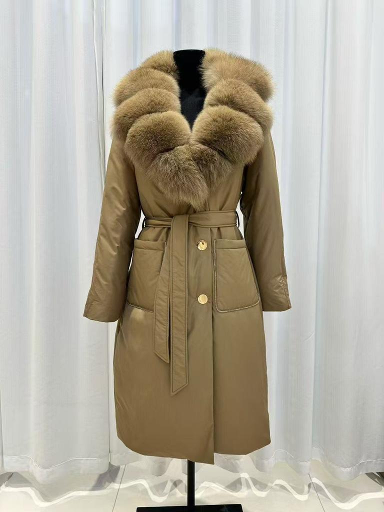 Winter new fox fur fur white duck down jacket women's extended waist lace-up pie overcome coat