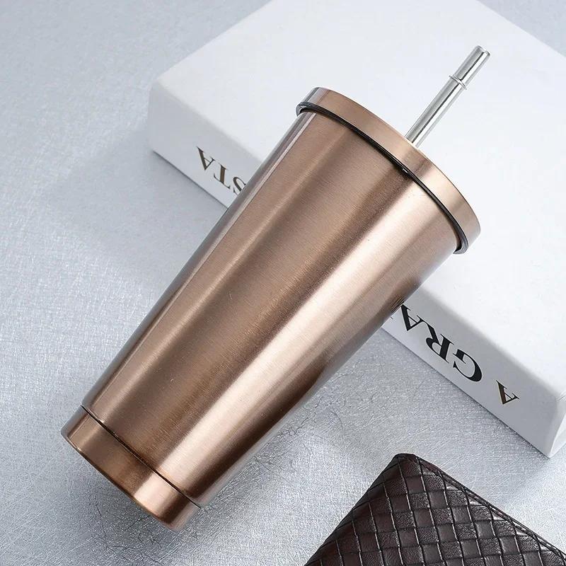 1pcs Stainless Steel Coffee Mug with Straw Lid Portable Coffee Cup Drinking Beer Milk Water Cup Restaurant Bar Party