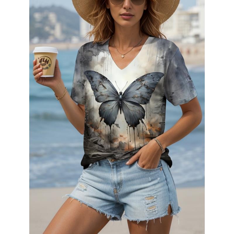 2025 New Women T-Shirts Butterfly Graphic Print Fashion Short Sleeve V-Neck Comfort Regular Tops Summer Casual Female Clothing