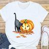 Summer Pumpkin Halloween Thanksgiving Cat with Pumpkin Print Short Sleeve T-shirt Graphic T Shirts  Aesthetic Tops