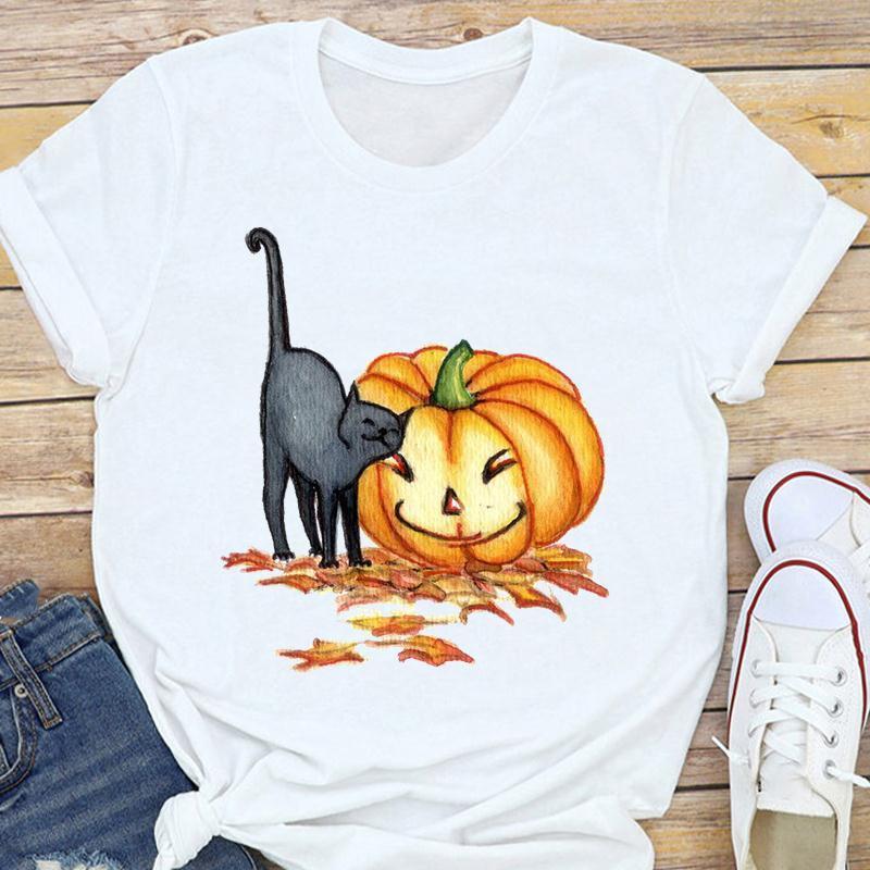 Summer Pumpkin Halloween Thanksgiving Cat with Pumpkin Print Short Sleeve T-shirt Graphic T Shirts Aesthetic Tops