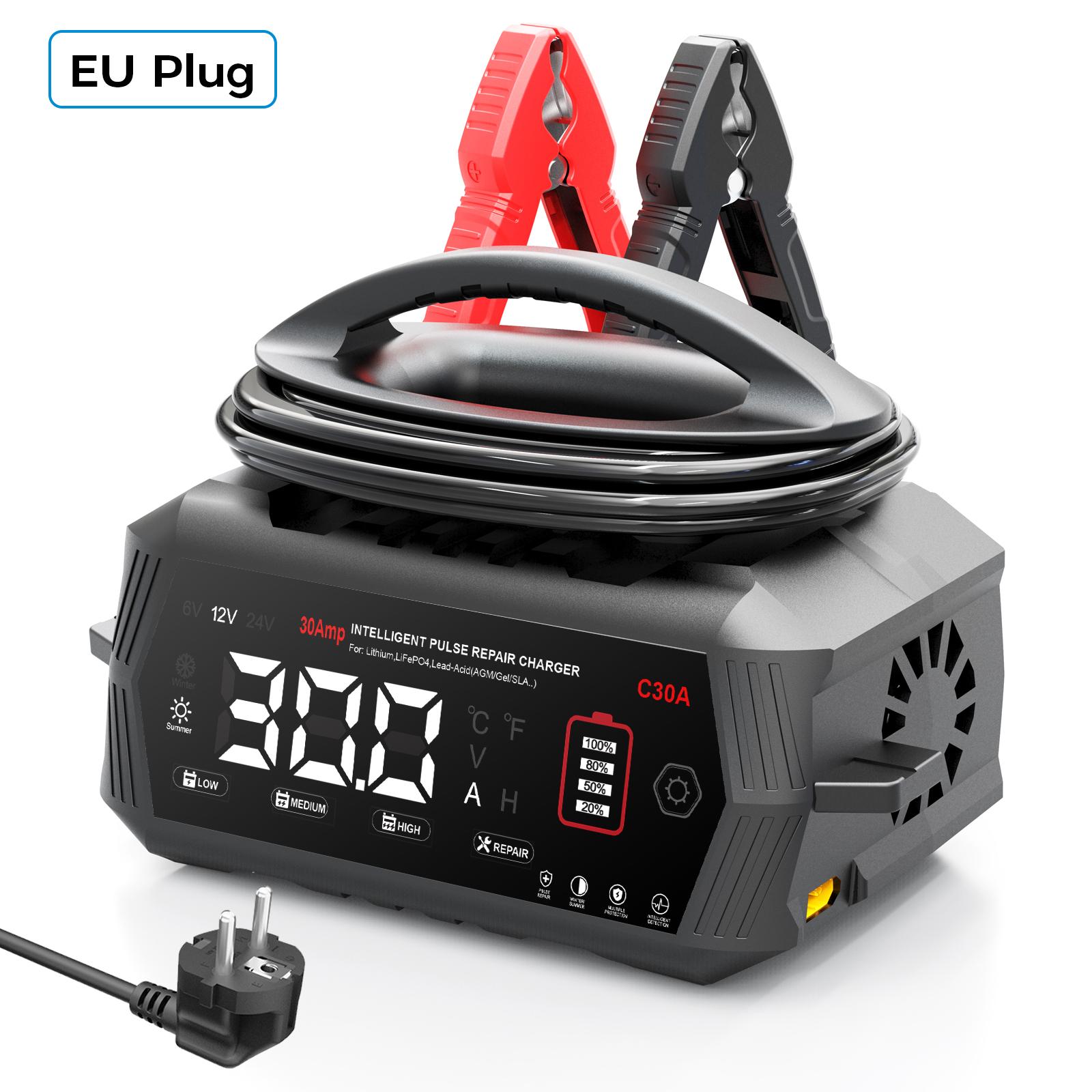 

HTRC 6V/12V/24V Smart Charger 30A Car Battery Charger for Lithium LiFePO4 Lead-acid AGM Batteries Automatic Motorcycle Charger 30A EU PLUG