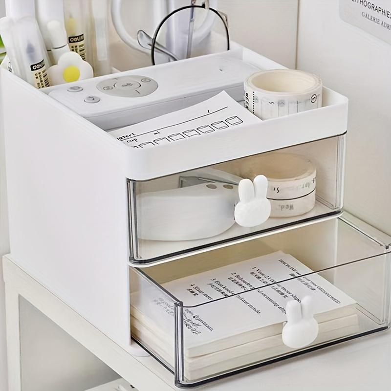 Διαφανές κουτί αποθήκευσης με συρτάρι και λαβή κουνελιού, χαρτικά γραφείου, καλλυντικά, πινέλο φρυδιών, γυαλιά, οργανωτής κοσμημάτων, κατάλληλο για γραφείο, συρταριέρα.