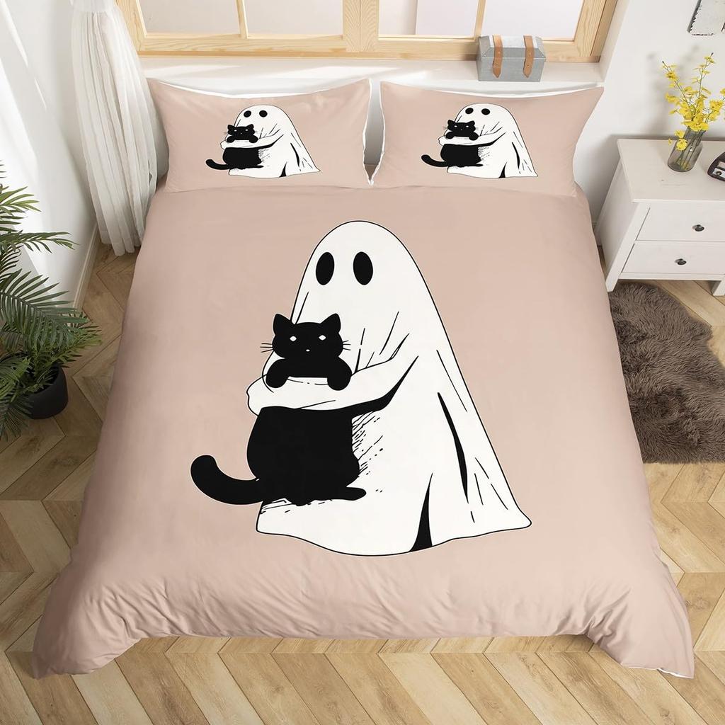 Cartoon Ghost Pink Duvet Cover Cute Black Cat Pet Animal Kitten Quilt Cover Happy Halloween Theme Bedding Set with 2 Pillowcases