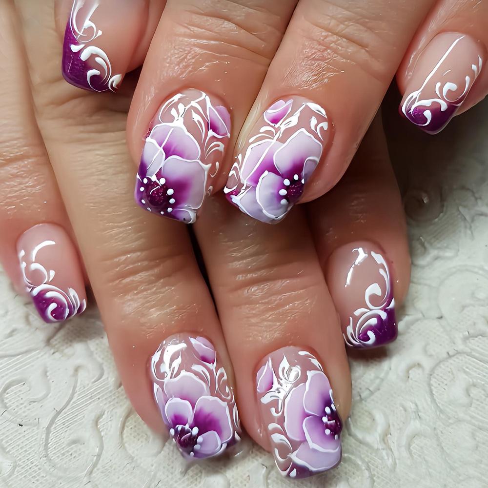 

European and American hot-selling Chinese nail purple rose wearing nail line French flash sweet cool fake nail removable manicure