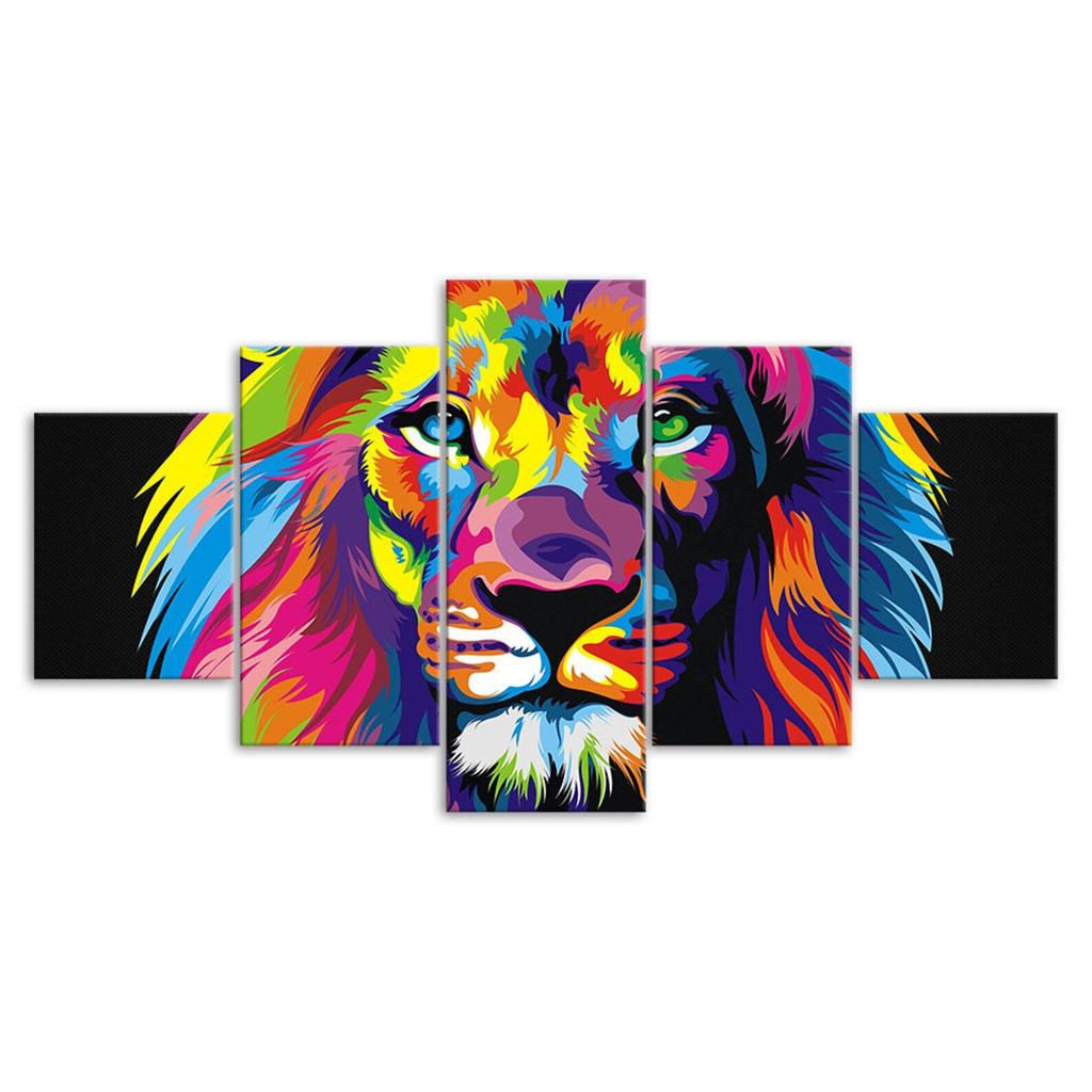 Abstract Lion Colorful Face 5 Piece Five Panel Wall Canvas Print Pictures Modern Art Poster Home Decor Gift For Him For Her