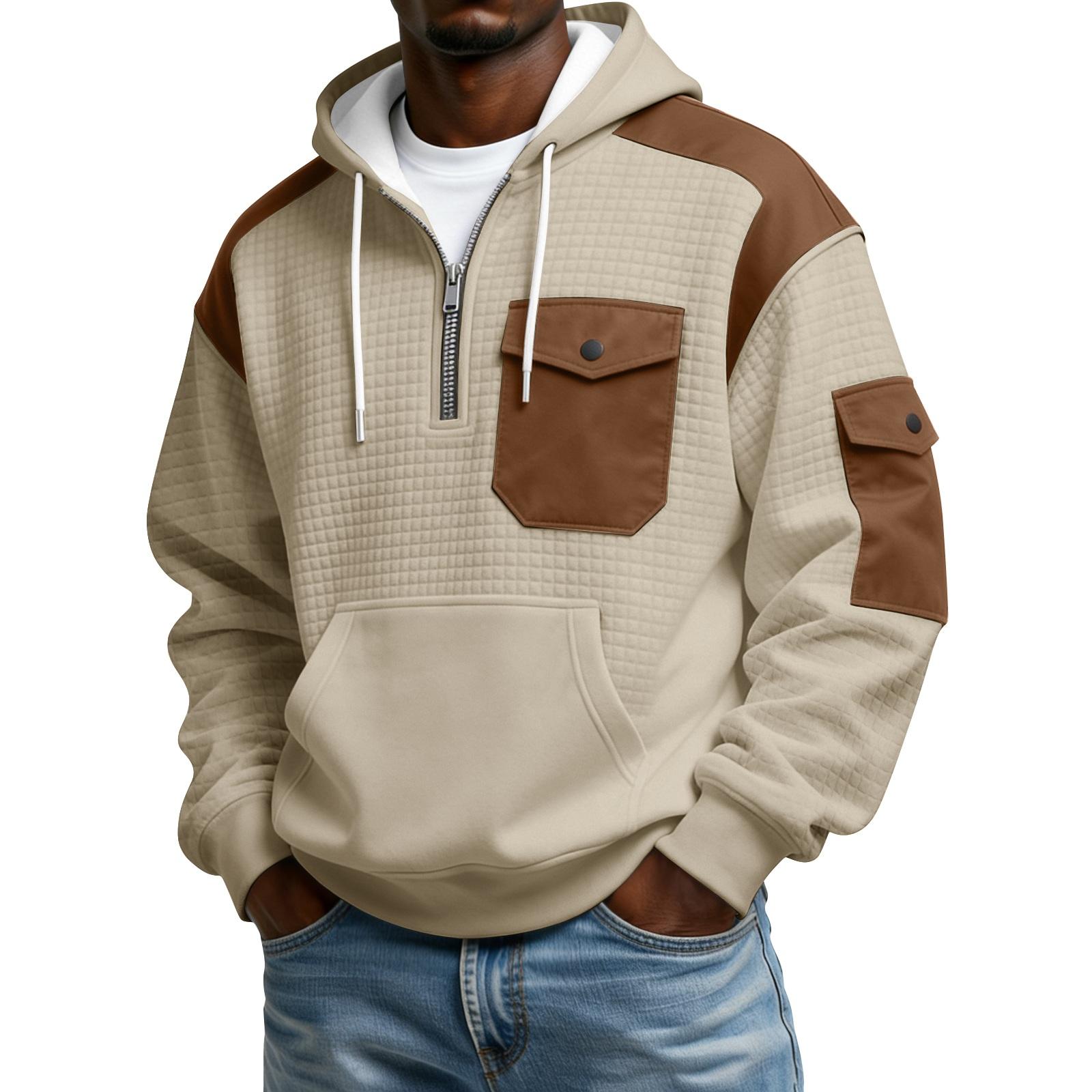 Men s Winter Color Blocked Button-Down Collar Multi-Pocket Hoodie Men s Sports Plus Size Casual Sweatshirt XL бежевый 2390₽