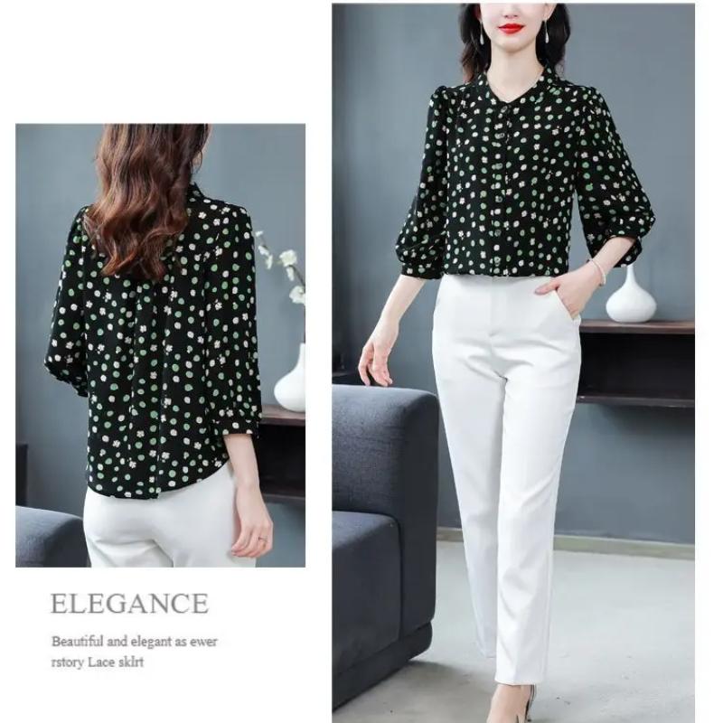 M-4XL Print Chiffon Shirt Women's Top Spring Autumn New Fashion Age Reducing Temperament 3/4 Sleeve Bottoming Blouse
