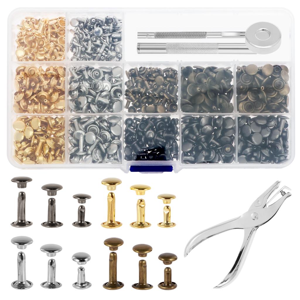 360Pcs Leather Rivets Kit 4 Colors Double Cap Rivets W/ 4 Setting Tools DIY Accessories Buckles for Decorating Leather Jackets