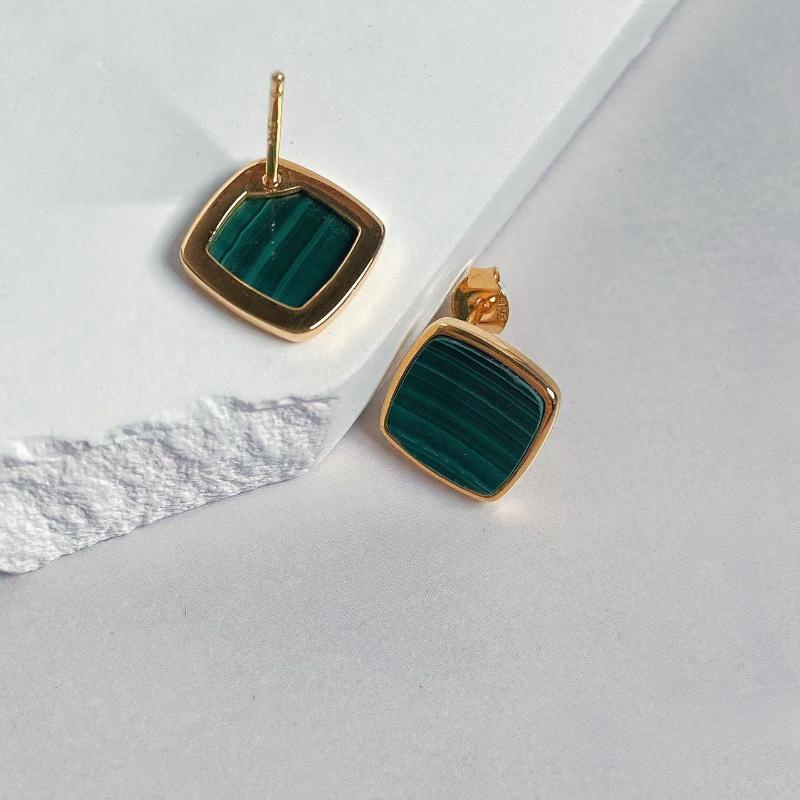 925 Sterling Silver Women Geometric Gold Plated Stud Earrings Malachite  Natural Stones  Elegant Jewelry Bijoux Wholesale