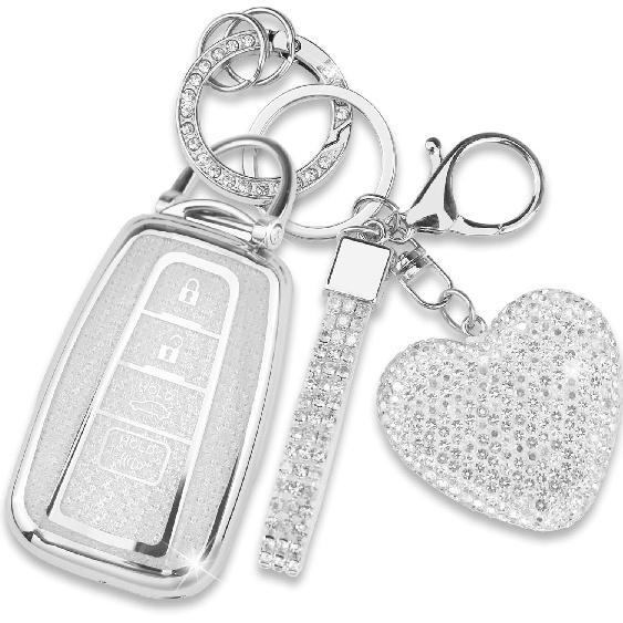Key Fob Cover with Diamond Keychain for Toyota Car Key Shell Compatible with 2018-2024 Highlander RAV4 Camry Avalon C-HR Corolla GT86 Full Cover
