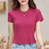 Women's Wine Red Round Neck Short-Sleeve T-shirt - Slim Fit, Chic & Trendy Style