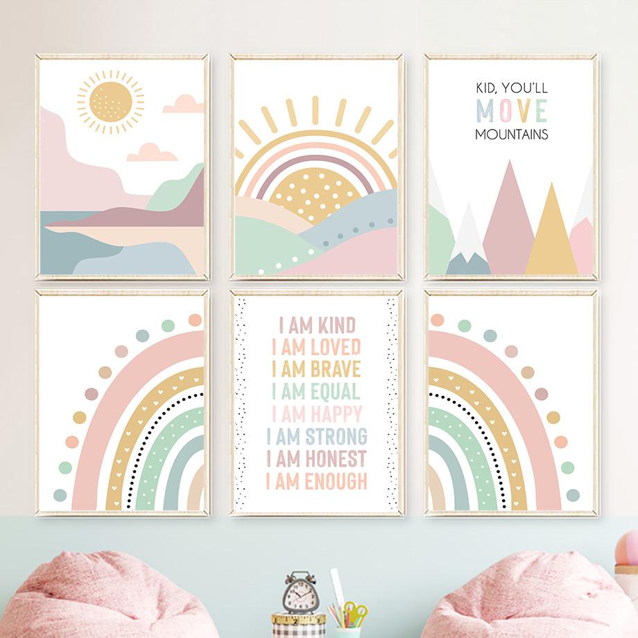 Pink Mountain Sun Rainbow Quote Bohemian Nursery Nordic Posters, Wall Art Canvas Painting Pictures, Perfect for Baby Kids Room
