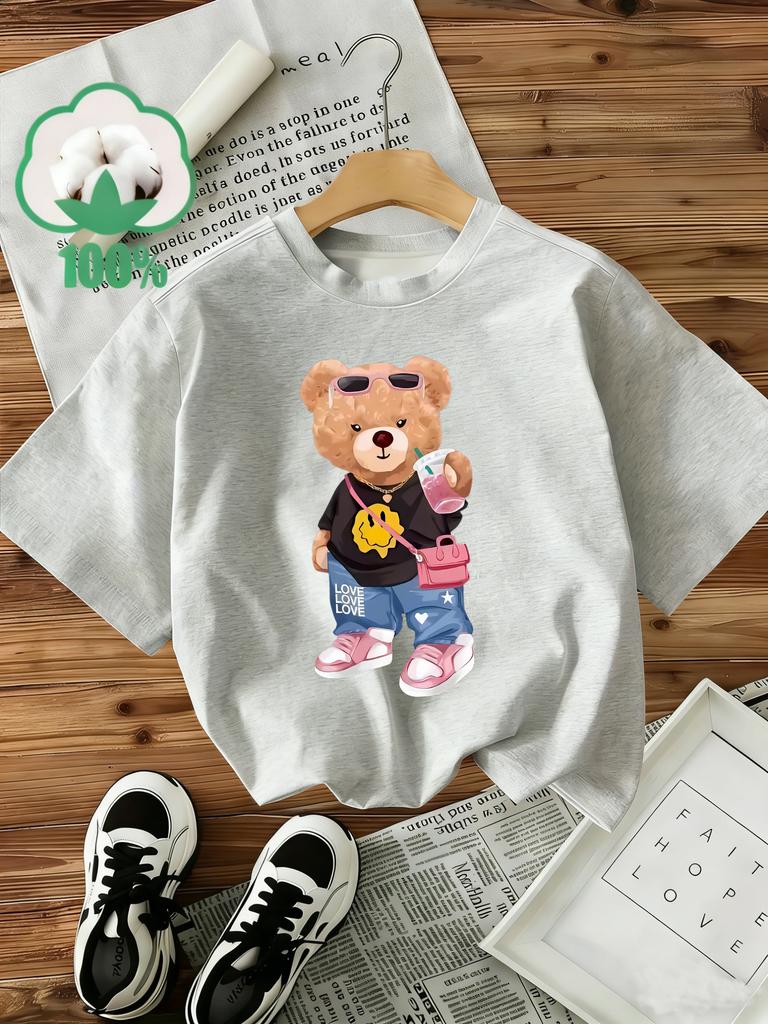 Fashion  T-Shirt Women's T-Shirt Graphic Funny Bear Print Short Sleeve Crew Neck Shirt Casual Top Tee