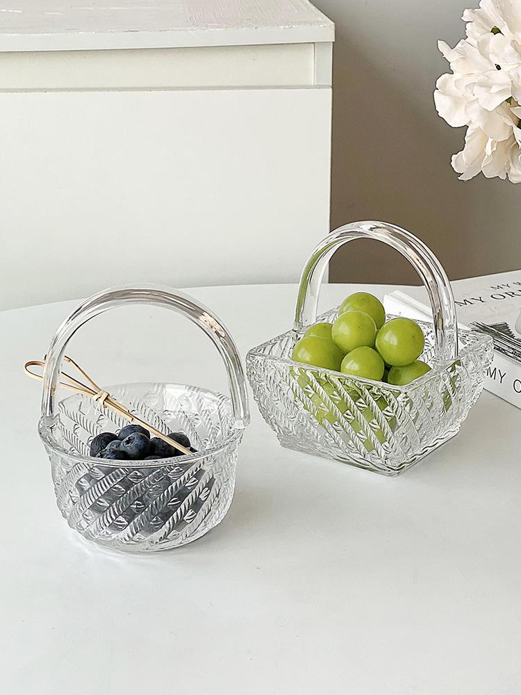 High Beauty Relief Rattan Woven Glass Fruit Basket Living Room Household Portable Dim Sum Tray European Transparent Snack Plate