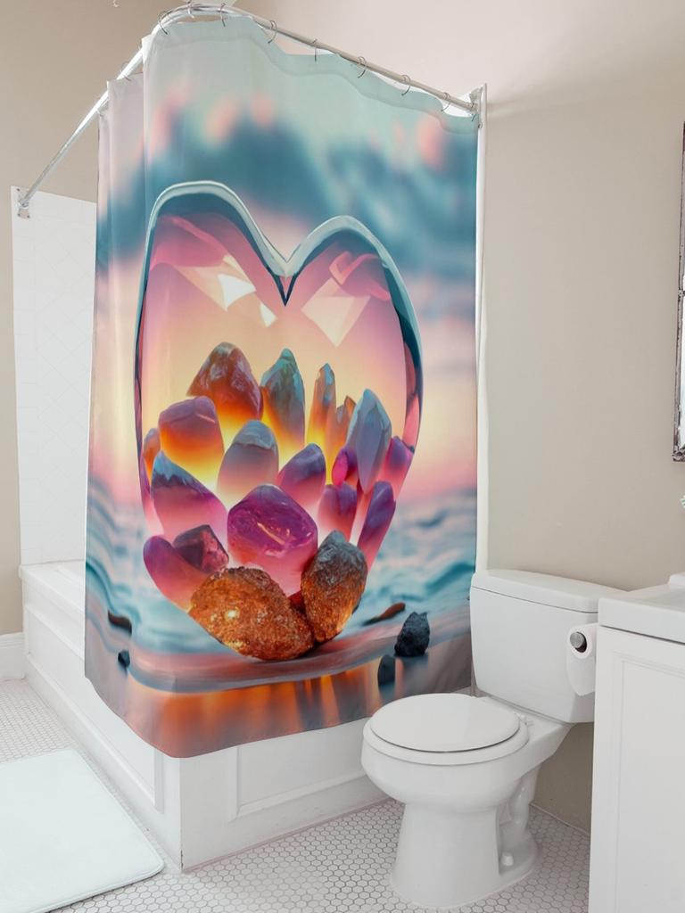 3D Crystal Heart Shower Curtain | Romantic Beach Sunset Bathroom Decor