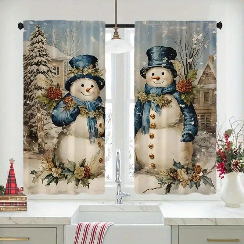 2pcs- Christmas-themed Snowman Pattern Printed Curtains, Christmas Decorations, Home Room Decorations