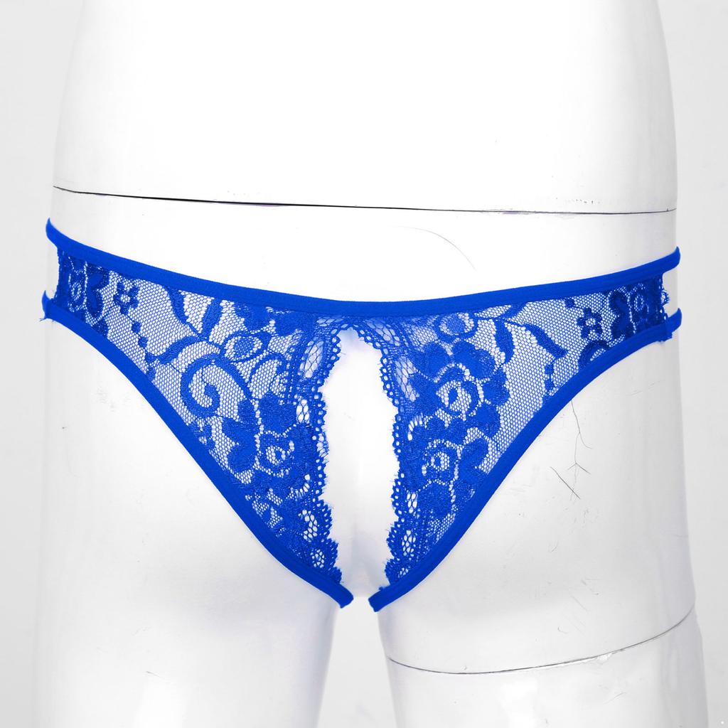Men Sissy Panties Floral Lace Sheer Hollow Out Low Rise G-String Thongs Crossdresser Lingerie