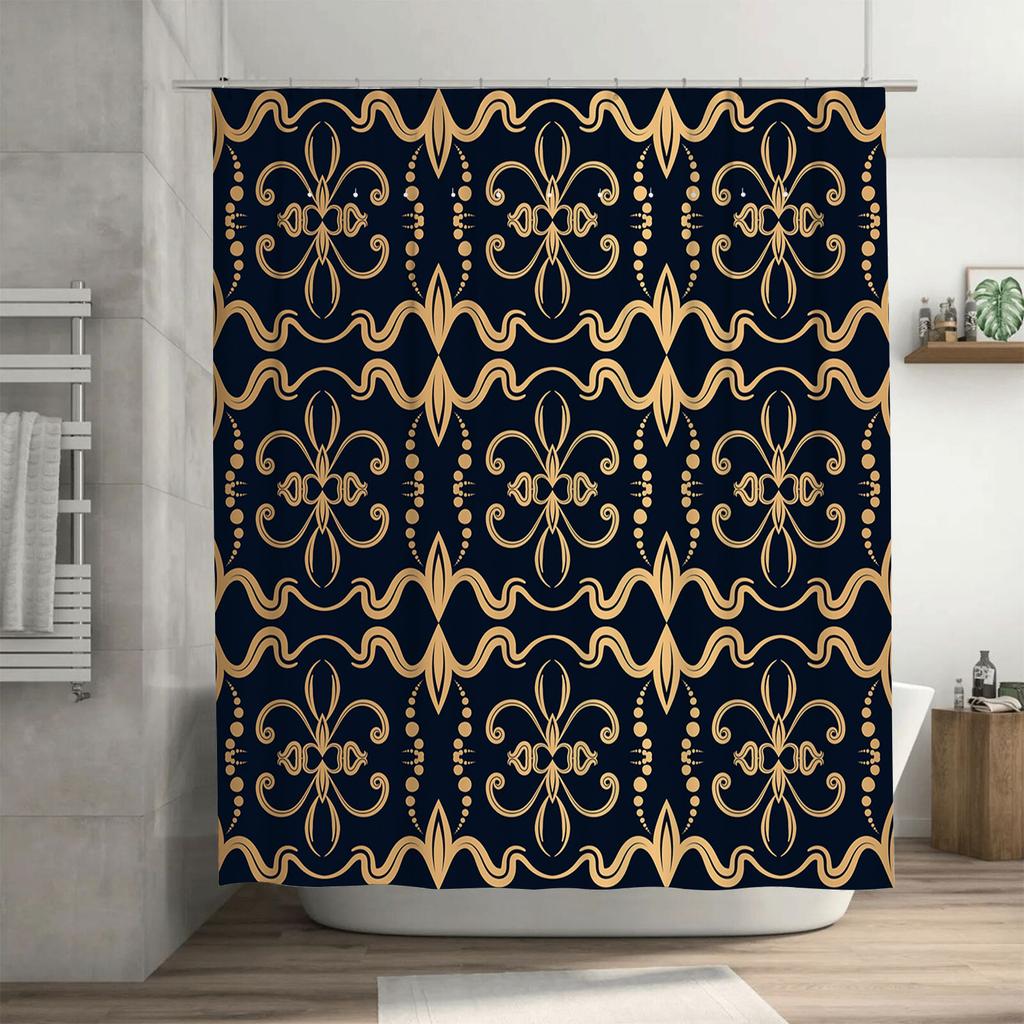 Luxurious Shower Curtain Set Waterproof, Non-slip Bathtub Cover Elegant Blue Gold Pattern Decorative Shower Panels for Bathroom