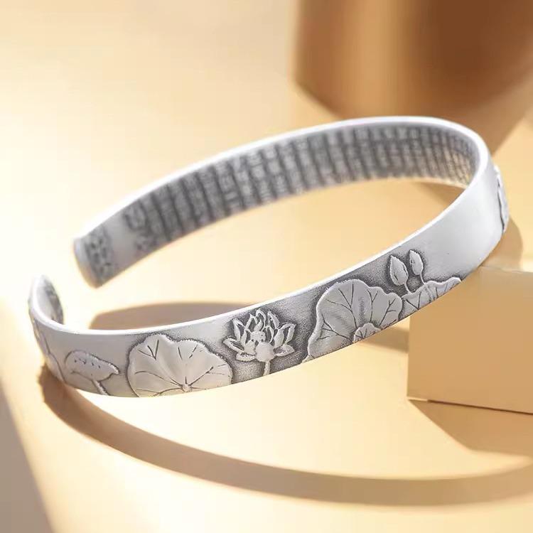 999 Sterling Silver Retro Lotus Heart Sutra Women s Bracelet: Chinese Style with Embossed Floral Design