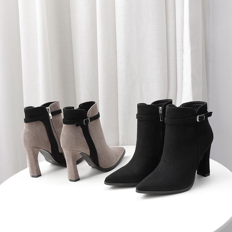 Autumn and Winter New European and American Pointed-toed Thin-heeled Short Boots Women's Suede Splicing Fashionable High-heeled Boots