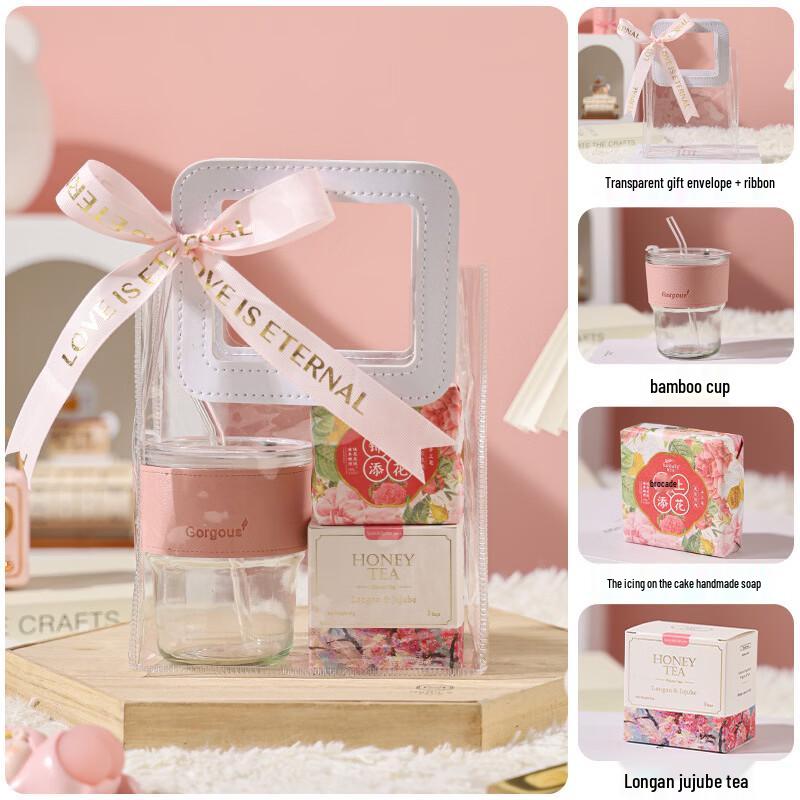 Pink Celebration Gift Set: Glass Cup, Soap & Tea