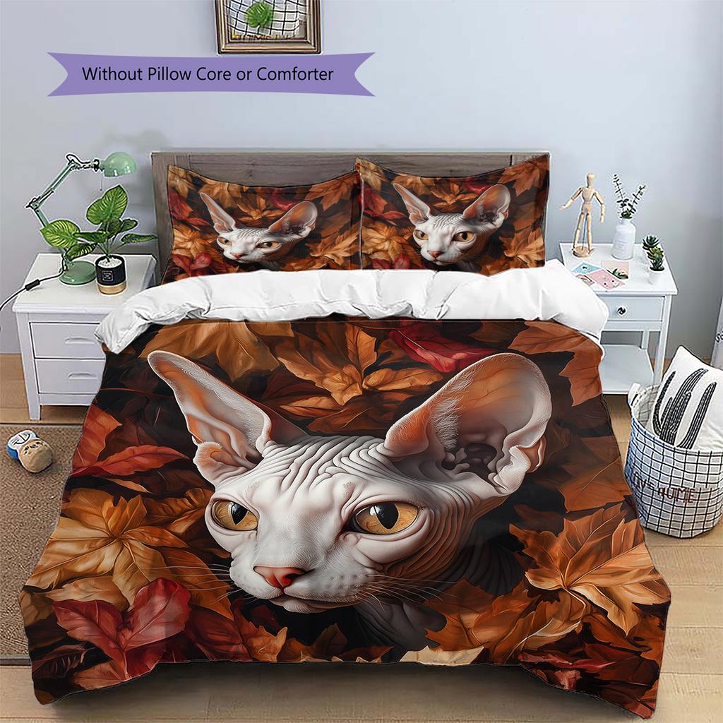 Maple Leaf Cat  Pattern Bedding Quilt Set Quilt Cover Pillowcase Home Decoration  Gift (1 * duvet cover + 2 * pillowcase, without core)