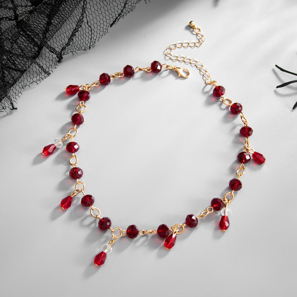 KunJoe Vintage Exquisite Schwarz Rot Kristall Perlen Quaste Anhänger Halskette Damen Gotisch Handgefertigt Schlüsselbein Kette Halloween Schmuck