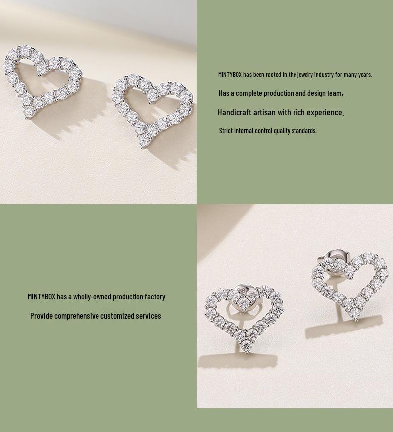 Elegant S925 Sterling Silver Moissanite Heart Stud Earrings for Women - Fashionable, Versatile, and Luxurious Heart-Shaped Jewelry.