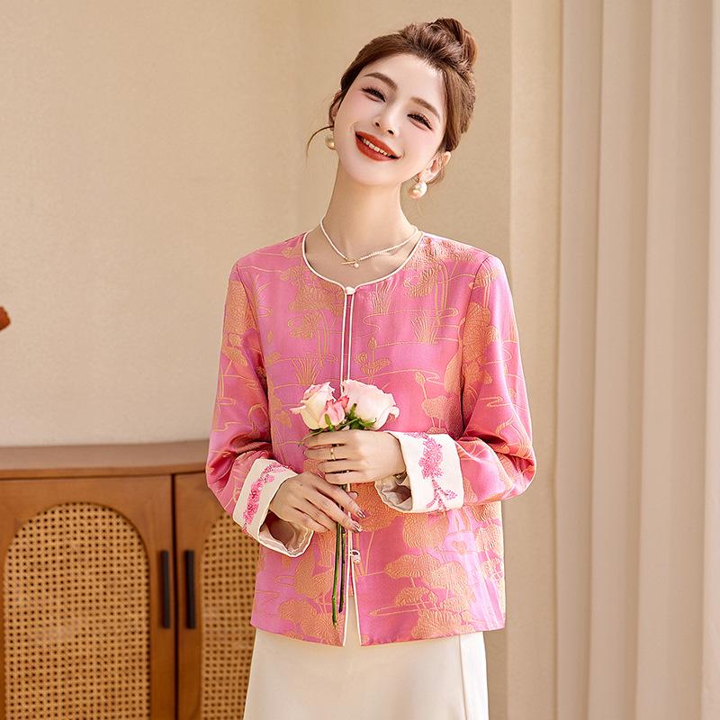 2025 Spring New Chinese Pink Jacquard Sequin Beaded Jacket Top ME5513