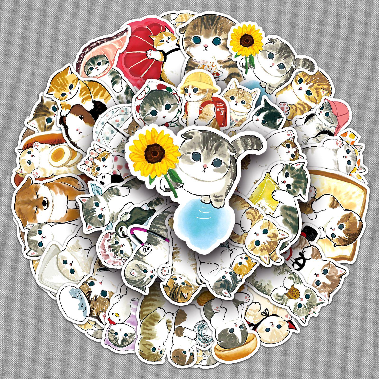 

50 Hand-Drawn Cartoon Kitten Watercolor Stickers - Cute Animal Decor for Cups & Suitcases