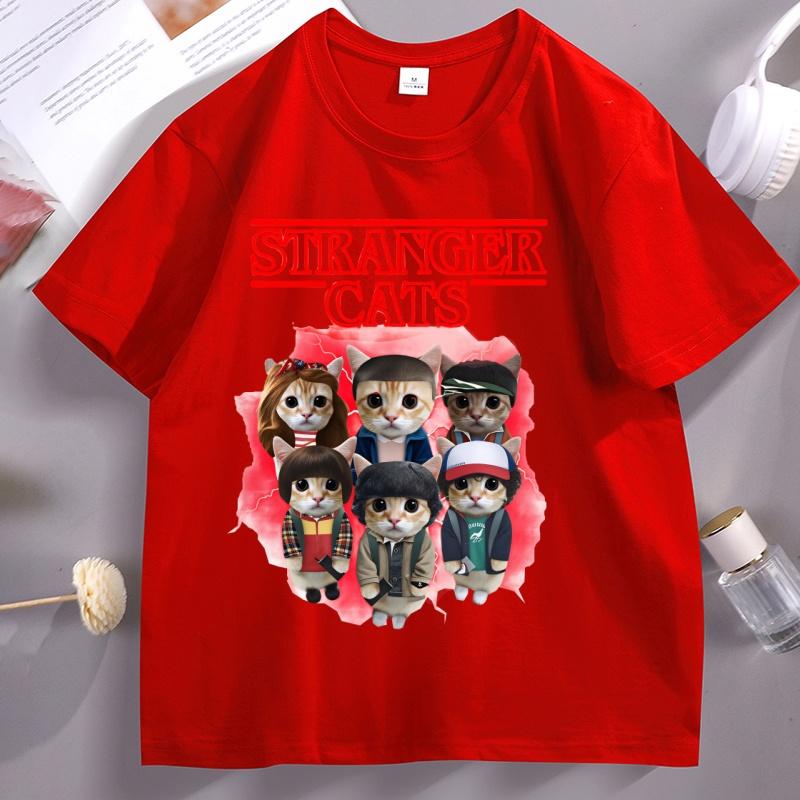 Stranger Cats T Shirt Unisex Unisex Funny Cat Lover Tee Cat Mom Gift Clothes Parody Graphic Tee Summer Round Neck Short Sleeve Tops