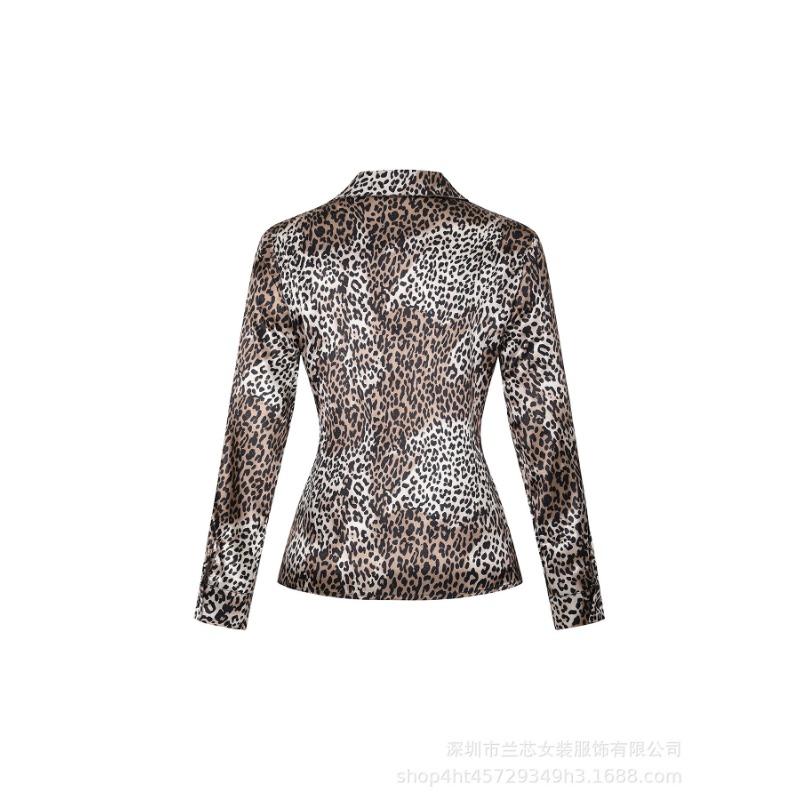 Elegante Camicia con Stampa Leopardo a Maniche Lunghe da Donna Larga Primavera Autunno Moda Ufficio Blusa Retro Collo a Revers Slim Top Casual Abbigliamento Femminile Semplice