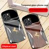 Wood Grain Golden Horse For IPhone 16 Pro Max 16e 15 Pro 14 13 12 Mini 11 XS Max XR 7 8 Plu SE 22 Elliptical Glass Phone Case