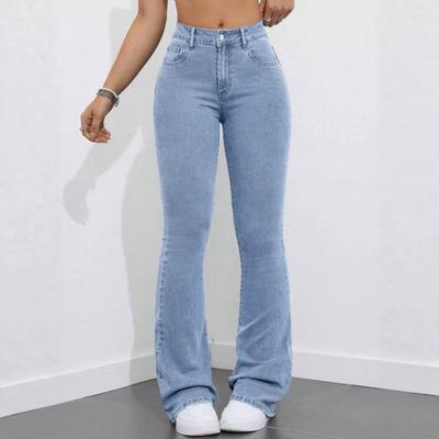 Blugi Evazați Stretch cu Talie Înaltă pentru Femei Denim Albastru Deschis Pantaloni cu Picior Larg Streetwear