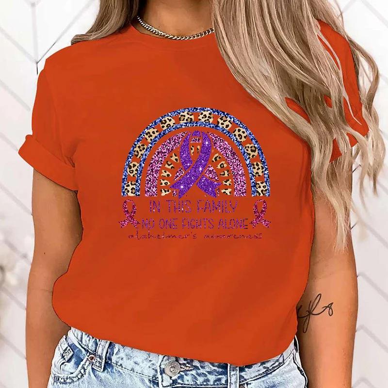 New Fashion In This Family No One Fights Alone Alzheimer's Awareness Print Graphic T Shirt Fashion Casual Short Sleeve Shirt Tee
