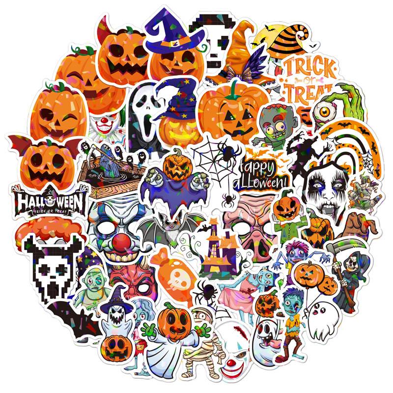 50 pcsLaser Halloween Stickers Pumpkin Sticker Holographic Laser Flash Sticker for Gifts Cups Waterproof Halloween Stickers