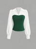 Completo 2 pezzi stile europeo da donna 2026: camicia a V con patchwork in vita e pantaloni