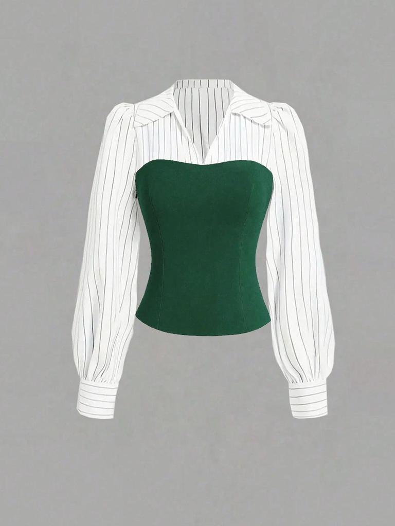 Completo 2 pezzi stile europeo da donna 2026: camicia a V con patchwork in vita e pantaloni