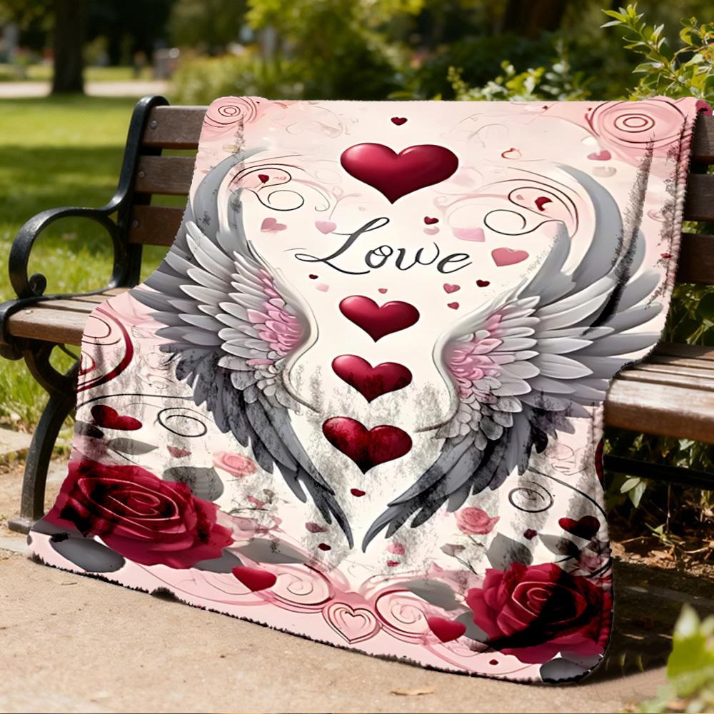 1pc Love Hearts Wings Roses Outdoor Flannel Blanket Soft All Season Polyester Throw , Perfect for Picnics & Travel , Picnic Accessory