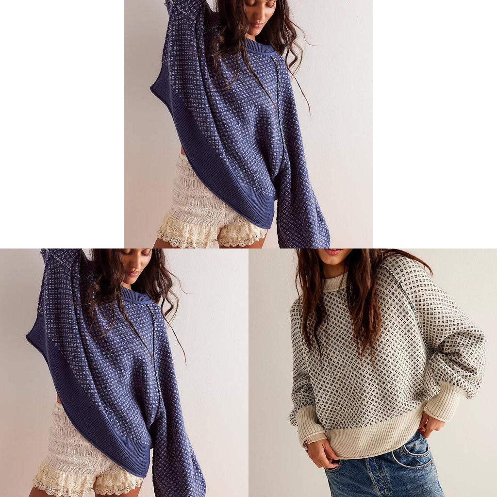 Streetwear Knit Sweater With Flannel Pattern For Women Winter Casual Long Sleeve