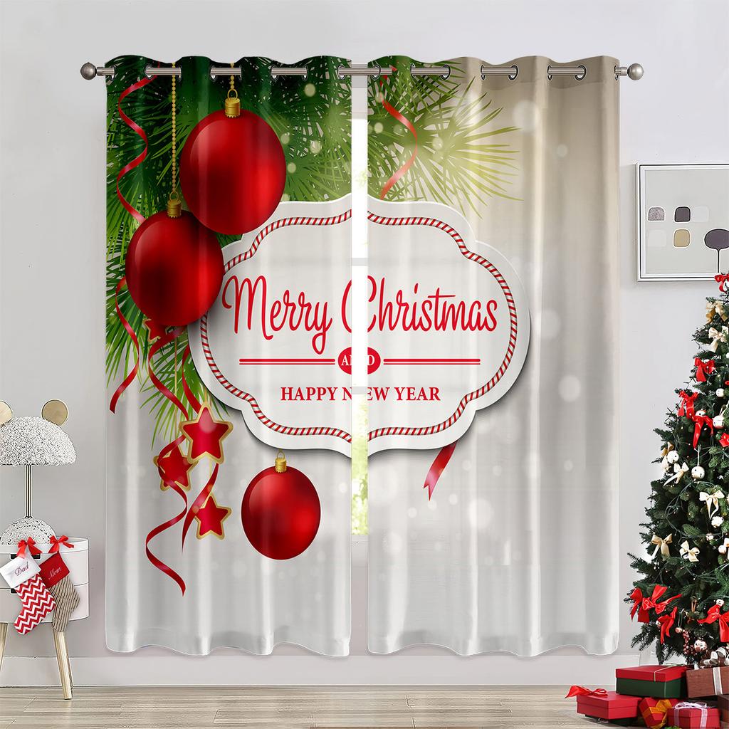 Red Pink Bell Balloon Christmas Curtains Elk Santa Claus Holiday Living Room Bedroom Kids Room Decorative Curtains 2 Pieces
