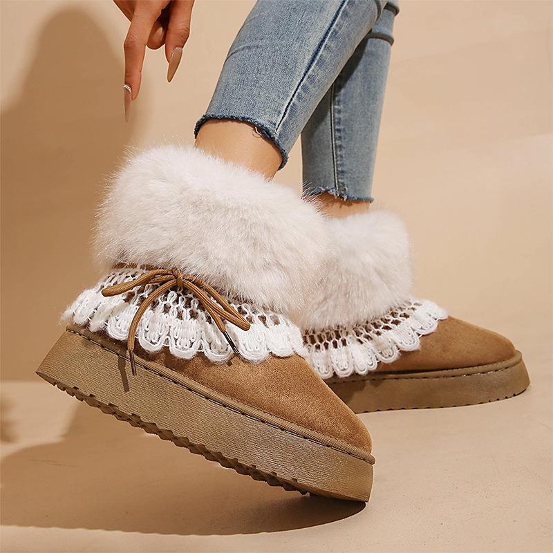 Winter Retro Dicksohlige Warme Spitze Schneestiefel Damen Schleife Kurzer Schaft Plüsch Baumwolle Stiefel Schnee Baumwolle
